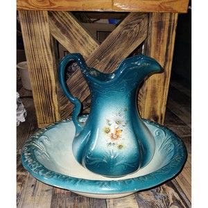 Antique Ironstone Wash Basin & Pitcher Turquoise Rose Print Large